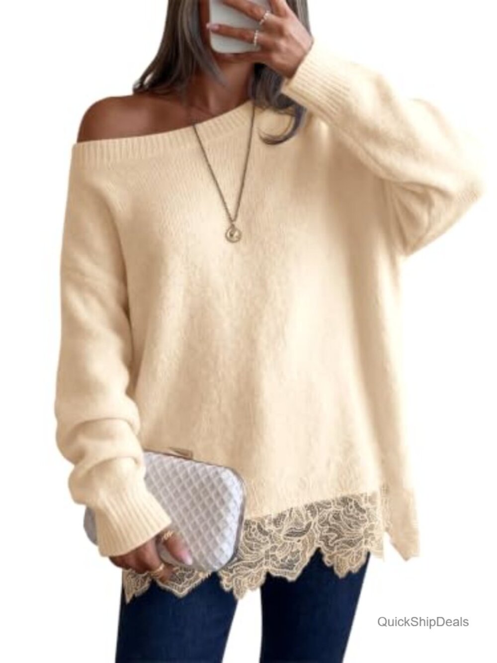 Womens Lace Patchwork Sweater Boat Neck Long Sleeve Pullover